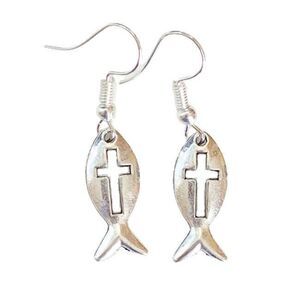 NEW Fish with Cross Christian Dangle Earrings Silver Hook Jewelry Unisex